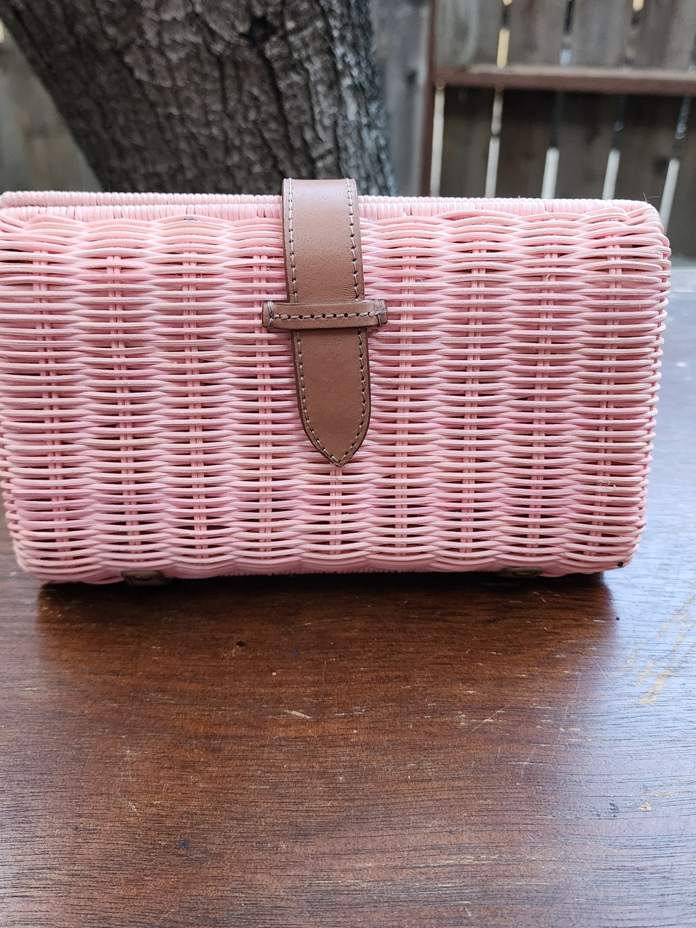 J.Crew Rattan Frame Clutch Bag Pink Wicker Tan Leather Strap Accent OS